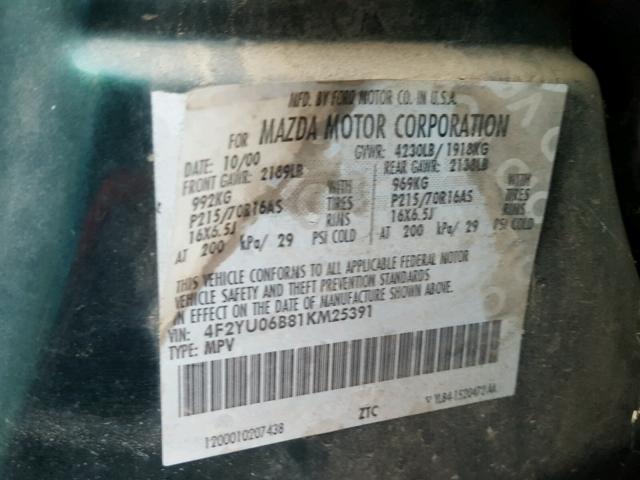 4F2YU06B81KM25391 - 2001 MAZDA TRIBUTE DX 绿色 照片 10