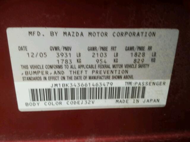 JM1BK343661463479 - 2006 MAZDA 3 HATCHBAC RED photo 10