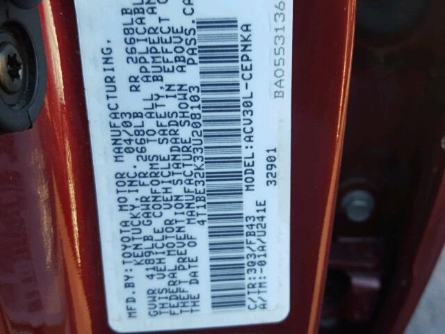 4T1BE32K33U208103 - 2003 TOYOTA CAMRY LE RED photo 10