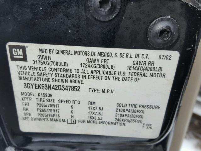 3GYEK63N42G347852 - 2002 CADILLAC ESCALADE E BLACK photo 10