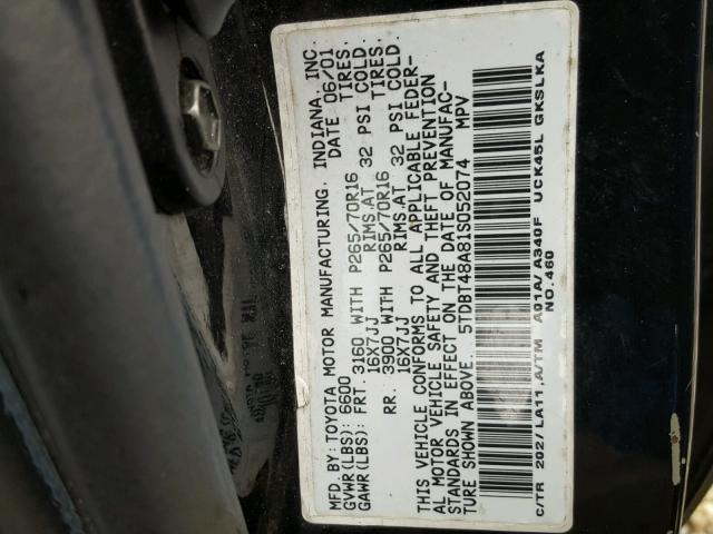 5TDBT48A81S052074 - 2001 TOYOTA SEQUOIA LI BLACK photo 10