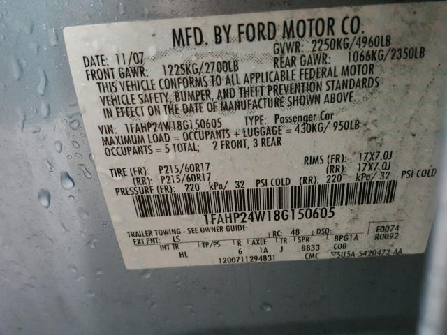 1FAHP24W18G150605 - 2008 FORD TAURUS SEL BLUE photo 10