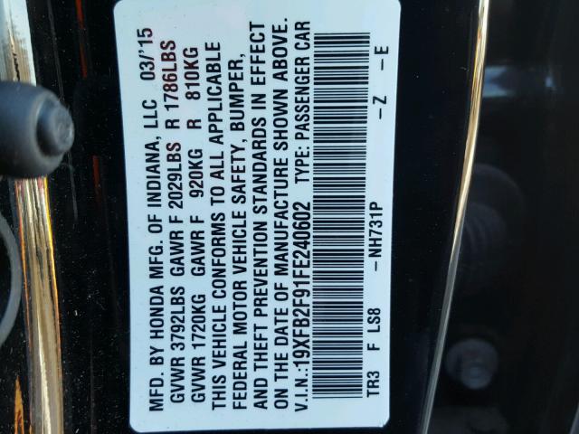 19XFB2F91FE240602 - 2015 HONDA CIVIC EXL 黑色 照片 10