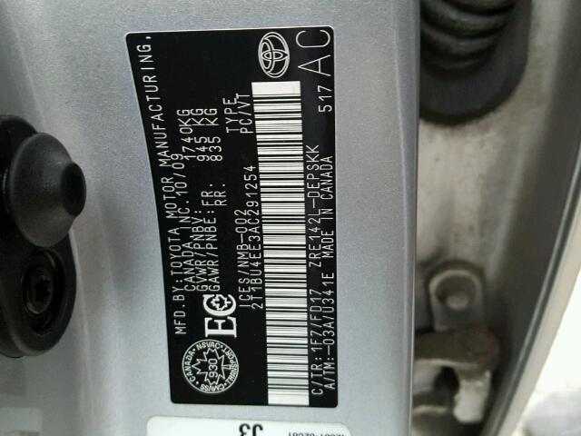 2T1BU4EE3AC291254 - 2010 TOYOTA COROLLA BA SILVER photo 10