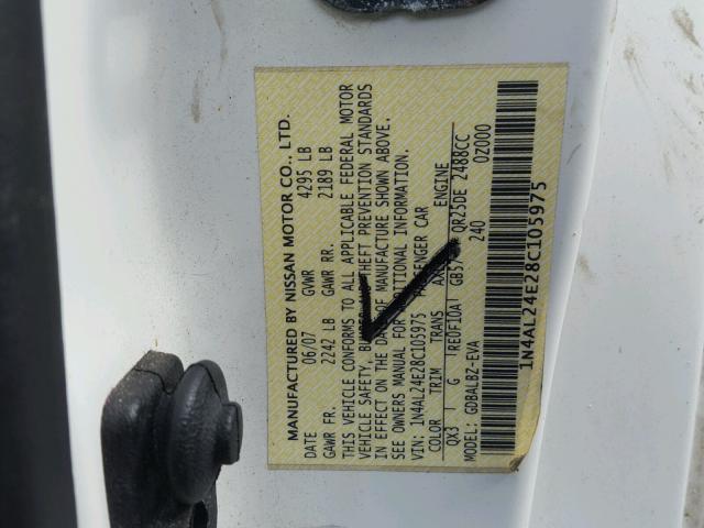 1N4AL24E28C105975 - 2008 NISSAN ALTIMA 2.5 WHITE photo 10