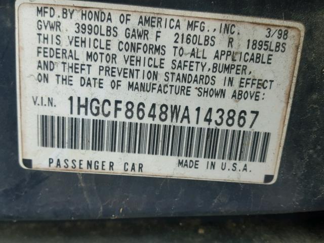 1HGCF8648WA143867 - 1998 HONDA ACCORD DX BLUE photo 10