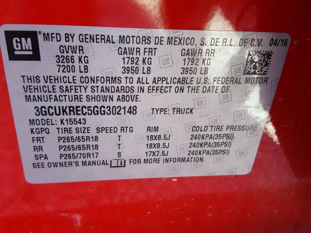 3GCUKREC5GG302148 - 2016 CHEVROLET SILVERADO RED photo 10