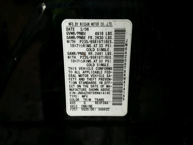 JN8AZ08T86W414145 - 2006 NISSAN MURANO SL BLACK photo 10