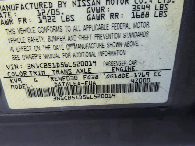 3N1CB51D56L520019 - 2006 NISSAN SENTRA 1.8 WHITE photo 10