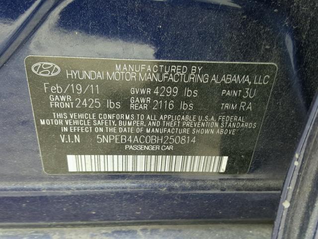 5NPEB4AC0BH250814 - 2011 HYUNDAI SONATA GLS BLUE photo 10