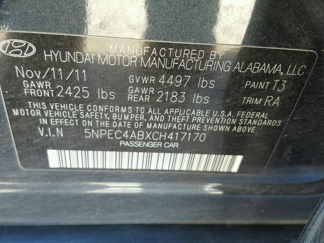 5NPEC4ABXCH417170 - 2012 HYUNDAI SONATA SE CHARCOAL photo 10