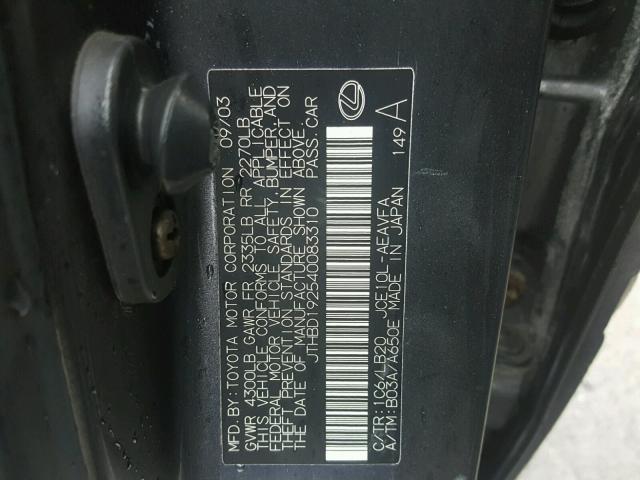 JTHBD192540083310 - 2004 LEXUS IS 300 CHARCOAL photo 10