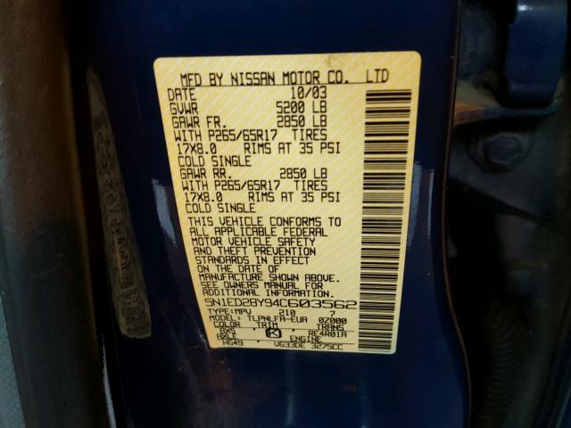 5N1ED28Y94C603562 - 2004 NISSAN XTERRA XE BLUE photo 10