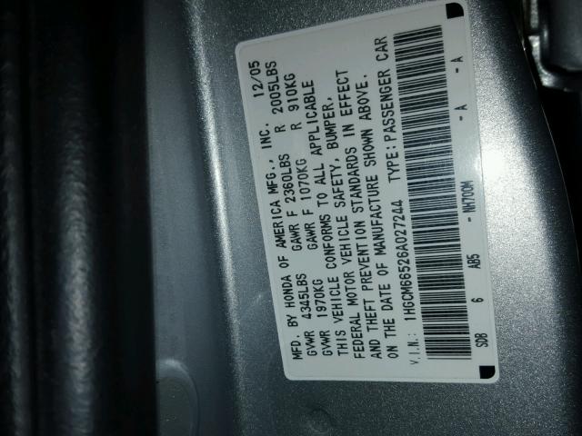 1HGCM66526A027244 - 2006 HONDA ACCORD EX SILVER photo 10