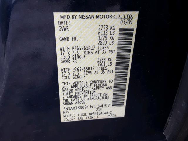 5N1AR18B09C613457 - 2009 NISSAN PATHFINDER BLUE photo 10