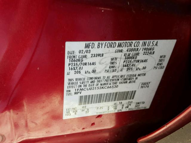 1FMCU03153KC66530 - 2003 FORD ESCAPE XLT RED photo 10