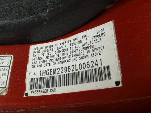 1HGEM22962L005241 - 2002 HONDA CIVIC EX RED photo 10