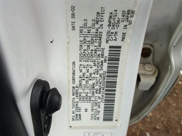 JTEHF21A630098052 - 2003 TOYOTA HIGHLANDER WHITE photo 10