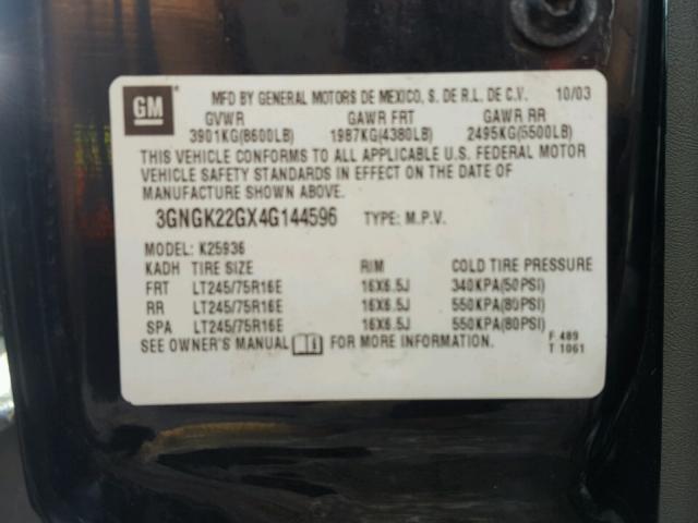 3GNGK22GX4G144596 - 2004 CHEVROLET AVALANCHE BLACK photo 10