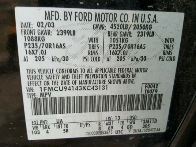 1FMCU94143KC43131 - 2003 FORD ESCAPE LIM BLACK photo 10