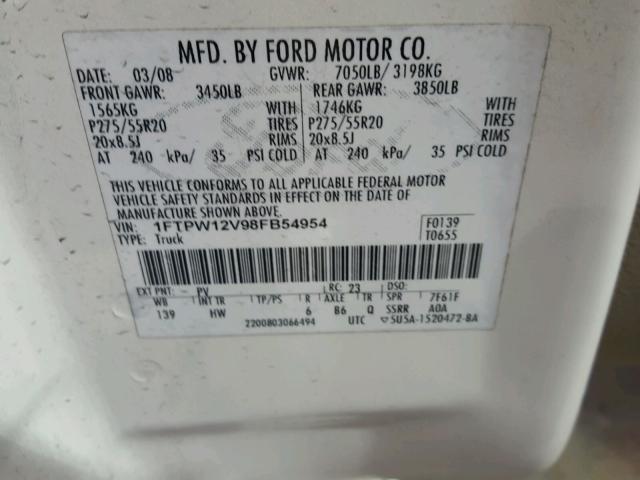 1FTPW12V98FB54954 - 2008 FORD F150 SUPER WHITE photo 10