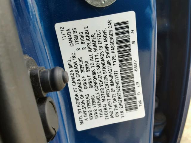 2HGFB2F92DH511377 - 2013 HONDA CIVIC EXL BLUE photo 10