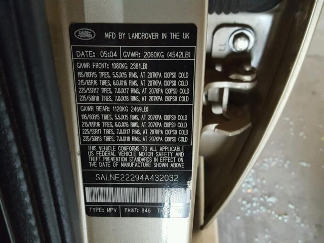 SALNE22294A432032 - 2004 LAND ROVER FREELANDER GOLD photo 10