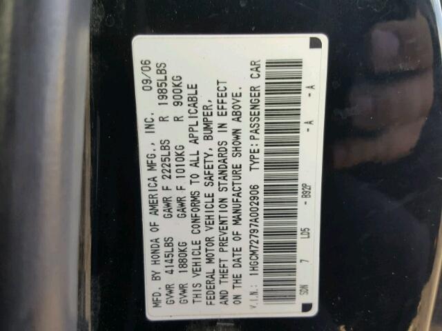 1HGCM72797A002906 - 2007 HONDA ACCORD EX BLACK photo 10