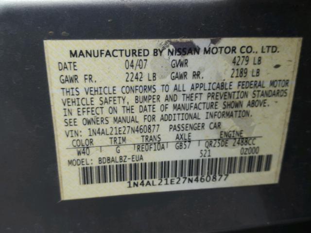 1N4AL21E27N460877 - 2007 NISSAN ALTIMA 2.5 GRAY photo 10