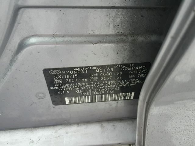 KMHE24L11GA016543 - 2016 HYUNDAI SONATA HYB GRAY photo 10