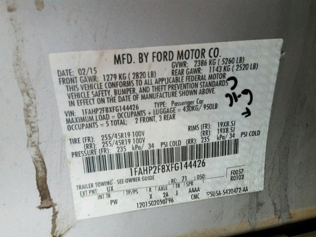 1FAHP2F8XFG144426 - 2015 FORD TAURUS LIM SILVER photo 10