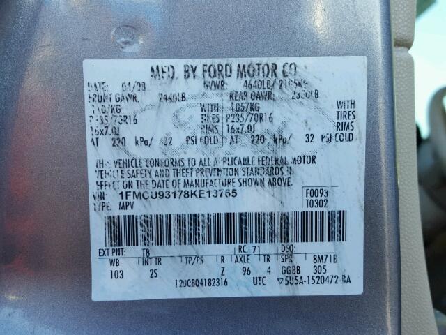 1FMCU93178KE13765 - 2008 FORD ESCAPE XLT GRAY photo 10