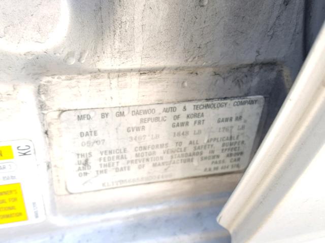 KL1TD56658B004496 - 2008 CHEVROLET AVEO BASE Srebrny zdjęcie 10