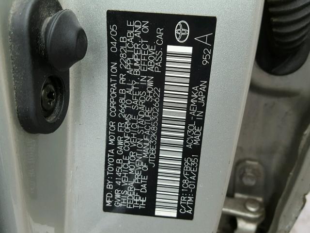 JTDBE32K853026622 - 2005 TOYOTA CAMRY LE SILVER photo 10