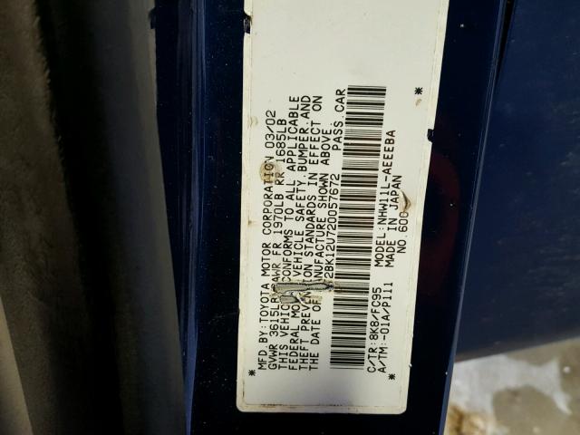 JT2BK12U720057672 - 2002 TOYOTA PRIUS BLUE photo 10