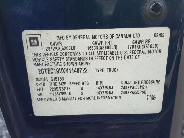 2GTEC19VXY1140722 - 2000 GMC NEW SIERRA BLUE photo 10