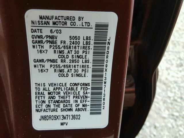 JN8DR09X13W713602 - 2003 NISSAN PATHFINDER BROWN photo 10