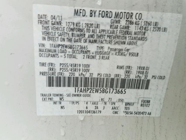 1FAHP2EW5BG173665 - 2011 FORD TAURUS SEL WHITE photo 10