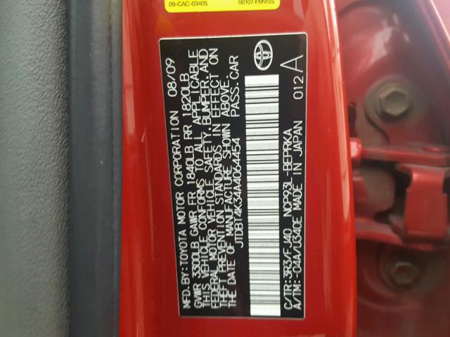 JTDBT4K34A4064454 - 2010 TOYOTA YARIS RED photo 10