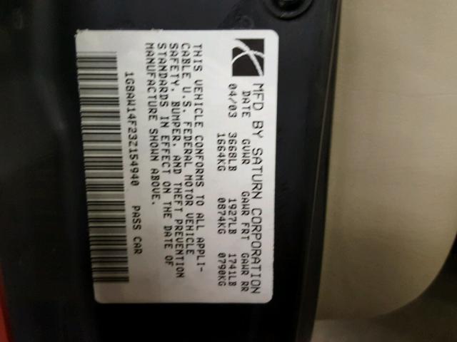 1G8AW14F23Z154940 - 2003 SATURN ION LEVEL ORANGE photo 10