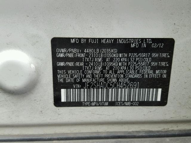 JF2SHADC5CH452691 - 2012 SUBARU FORESTER 2 WHITE photo 10
