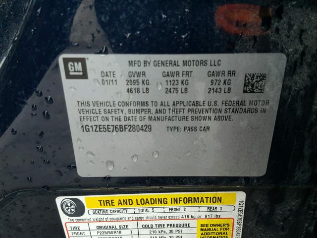 1G1ZE5E76BF280429 - 2011 CHEVROLET MALIBU LTZ ლურჯი ფოტო 10