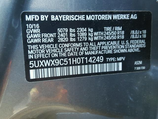 5UXWX9C51H0T14249 - 2017 BMW X3 XDRIVE2 SILVER photo 10