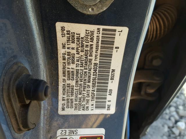 1HGFA16826L034038 - 2006 HONDA CIVIC EX ლურჯი ფოტო 10