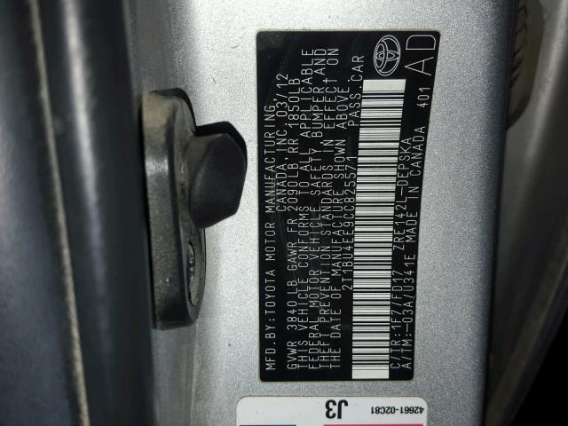 2T1BU4EE9CC825571 - 2012 TOYOTA COROLLA BA SILVER photo 10