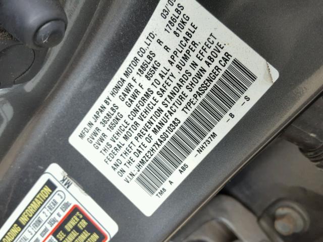 JHMZE2H7XAS010383 - 2010 HONDA INSIGHT EX GRAY photo 10