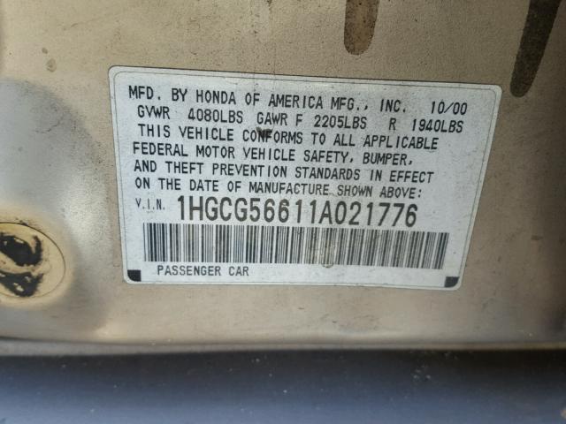 1HGCG56611A021776 - 2001 HONDA ACCORD EX TAN photo 10