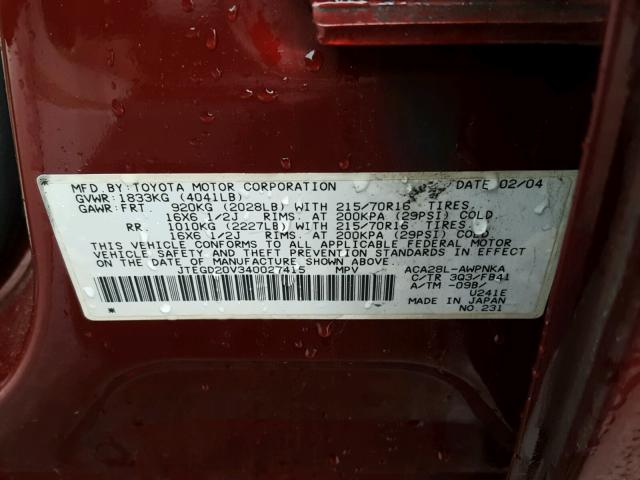 JTEGD20V340027415 - 2004 TOYOTA RAV4 RED photo 10