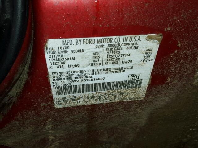 1FTNW21F01EB16807 - 2001 FORD F250 SUPER RED photo 10