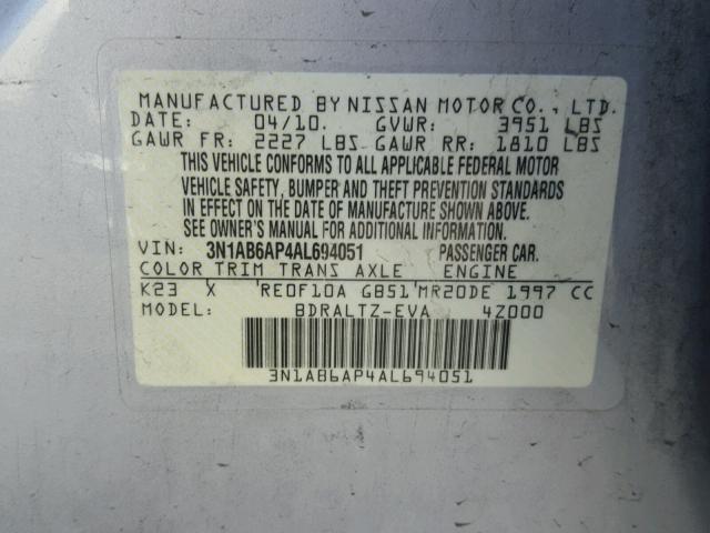 3N1AB6AP4AL694051 - 2010 NISSAN SENTRA 2.0 SILVER photo 10